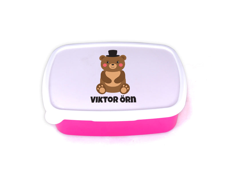 Nestisbox bleikt með bangsa pabba og nafni barnsins