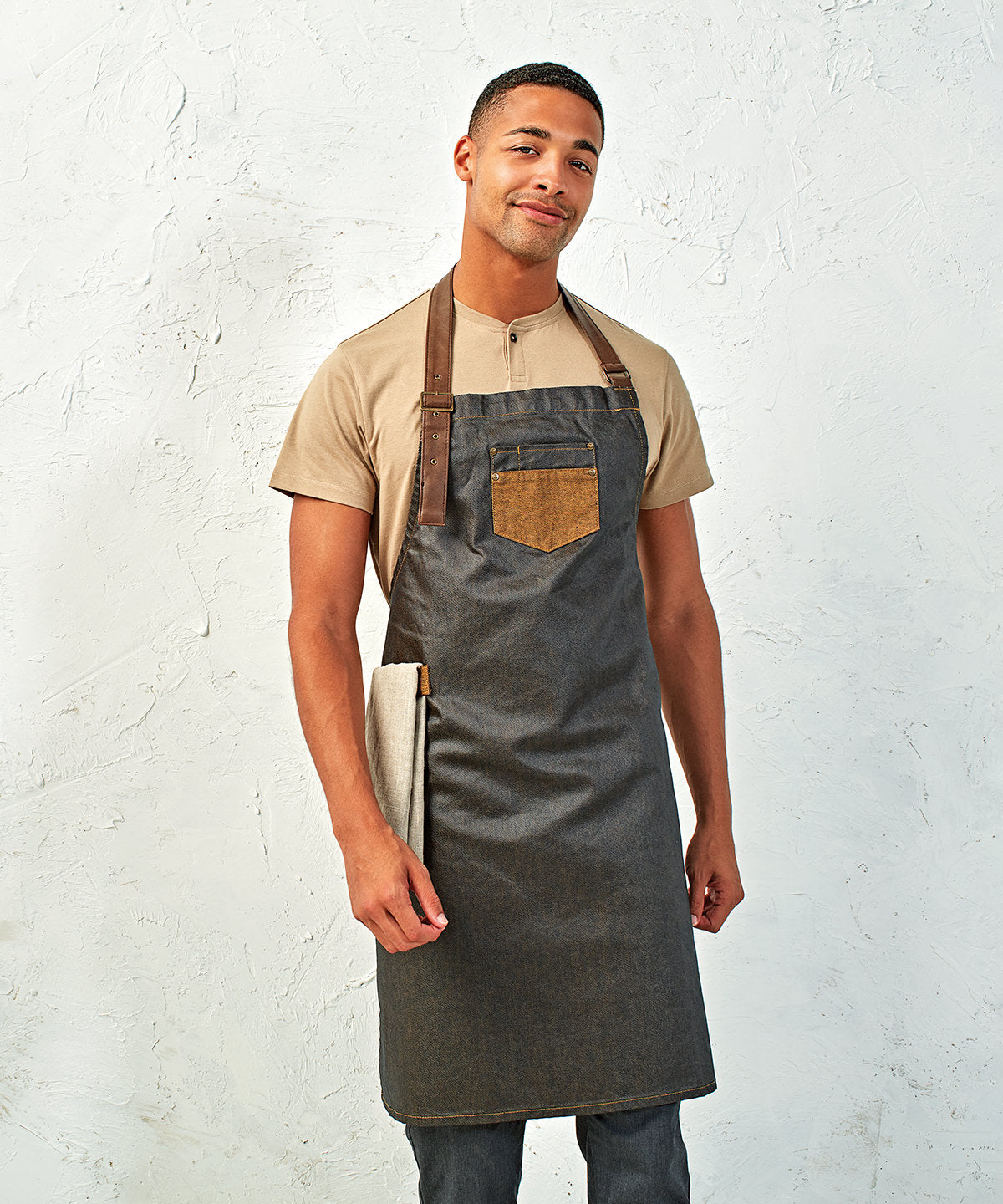 Svuntur - Division Waxed-look Denim Bib Apron With Faux Leather